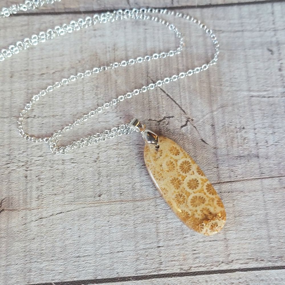 Yellow Coral Necklace Natural Fossil Pendant